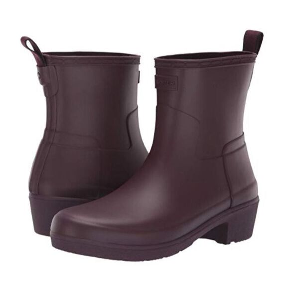 HUNTER Refined Low Heel Ankle Matt Boot Oxblood Size 5 Rainboots - Picture 1 of 10
